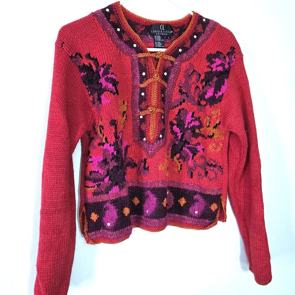 Carole Little Mohair Blend Red Asian Aesthetic Sweater Size L